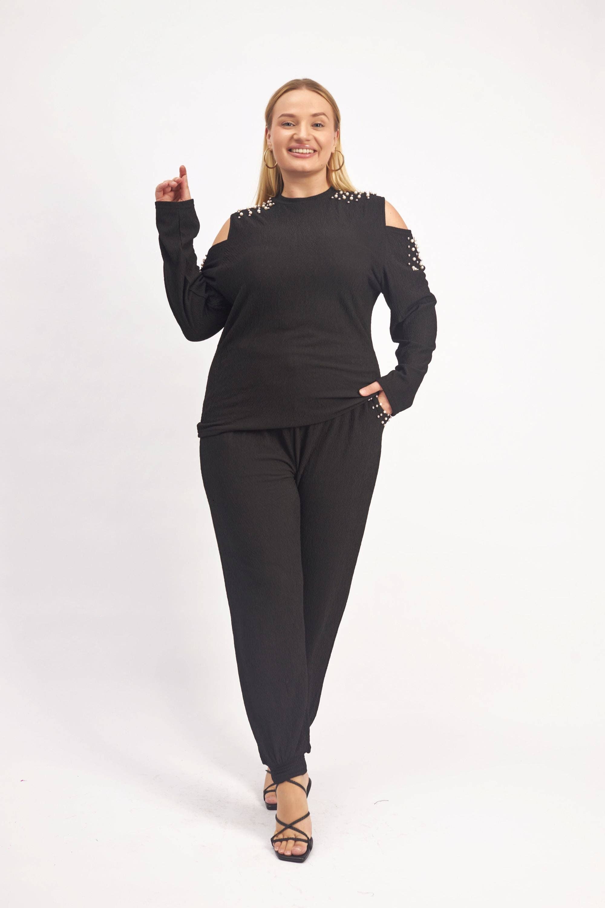 KaraChic - Vente Ensemble haut et pantalon (PAS d'intérieur) - Femme - 24029 - Ensemble 2 pièces épaules dénudées perle et manches longues3