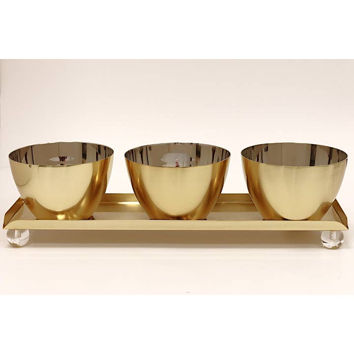 Guld 3-skåls serveringsfat på bricka med kulfötter - 37,6 cm L för wholesale av CLASSIC TOUCH DECOR INC.