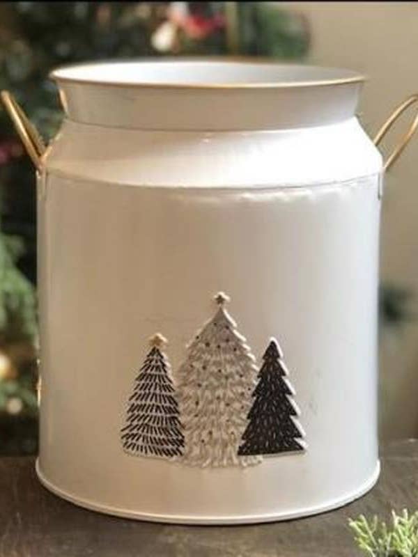 White/Gold Handle Milk Can With Tree Embossed Accent for wholesale by DNS Designs