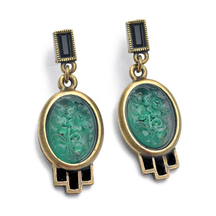 Vintage Green Jadeite Oval Glass Earrings for wholesale by Sweet Romance Jewelry