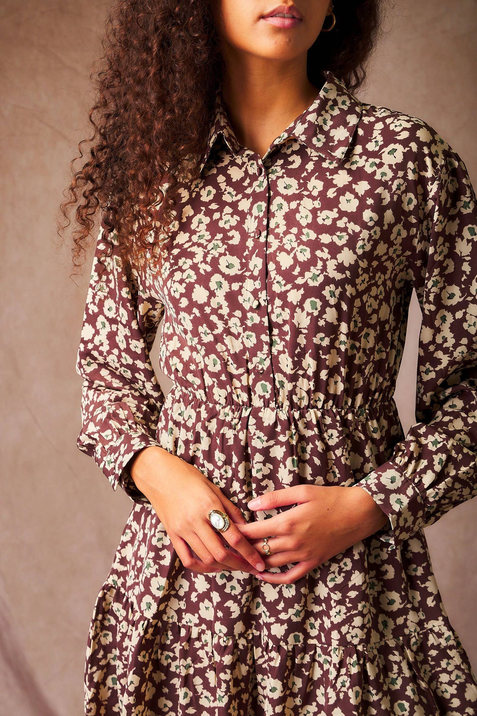 Brown Floral print short dress with elasticated waist - 5040D-IMANE for wholesale on Faire1