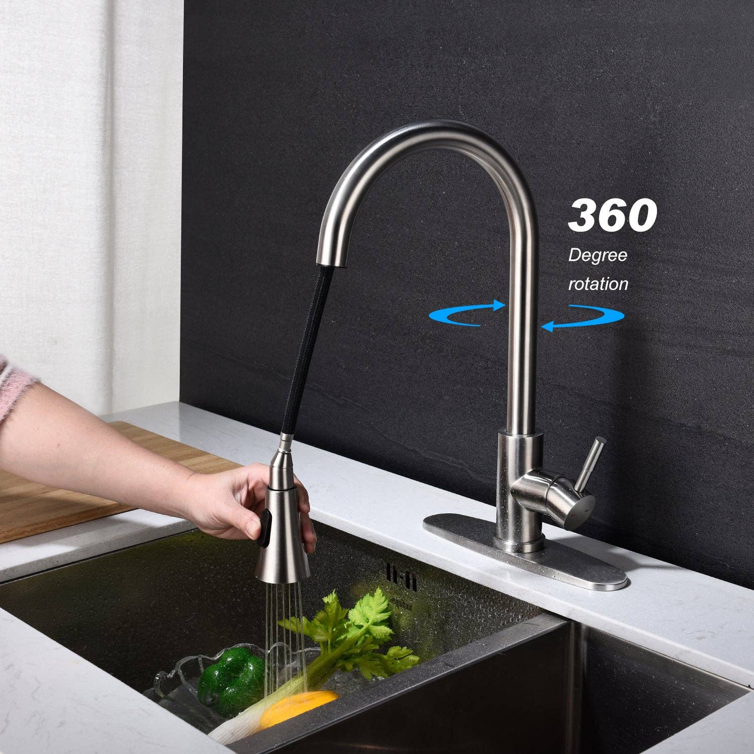 39F Inc. - Vente Poubelle de salle de bain - Robinet de cuisine avec douchette extractible, nickel brossé