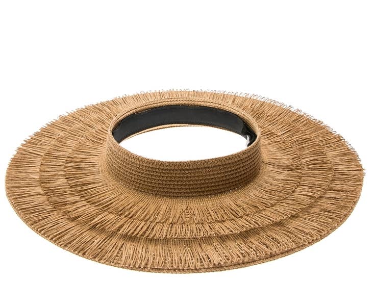 NATURAL Beachy crownless sun visor hat with layers of fringe for wholesale on Faire3