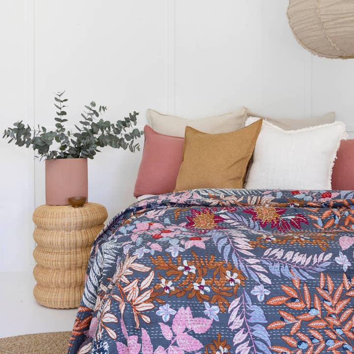 Kantha Quilt Indian Block Print Bedspread - Blue Serenity for wholesale by Boho-Eclectica