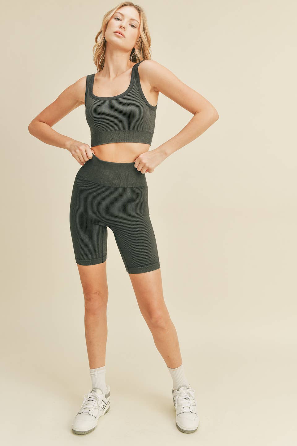 Black Ribbed Seamless Mineral Washed Bra & Biker Set for wholesale on Faire2