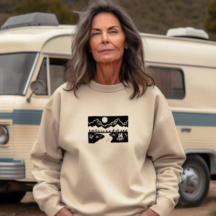 Campfire sweater, mountain nature sweatshirt, hand printed UNISEX crewneck, camping and outdoors, nature theme block print, ethical fashion for wholesale by M.E. Image