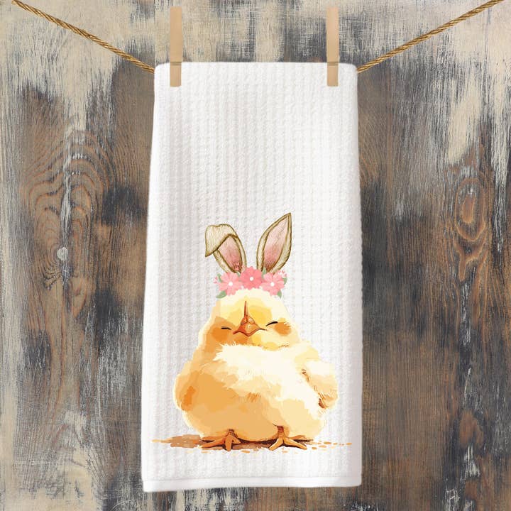 Easter Kitchen Towel: Chick with Bunny Ears, Spring Decor for wholesale by Cottage & Club