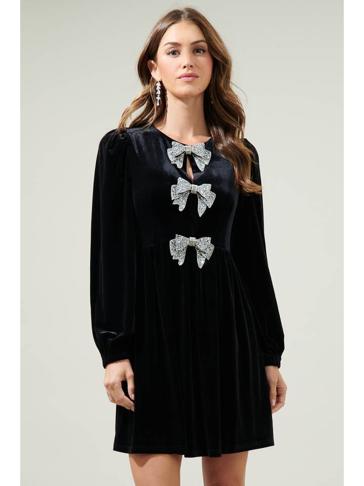 Black Glow Bow Velvet Mini Dress for wholesale on Faire
