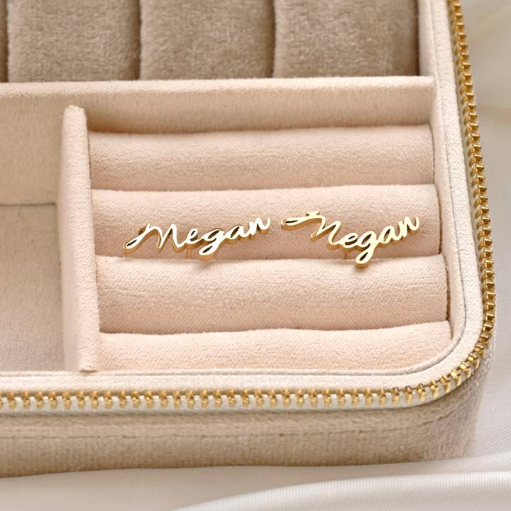 Blueyejewelry - Wholesale Stud/Post Earrings - Custom Name Earrings- 18k Gold Personalized Name Studs6