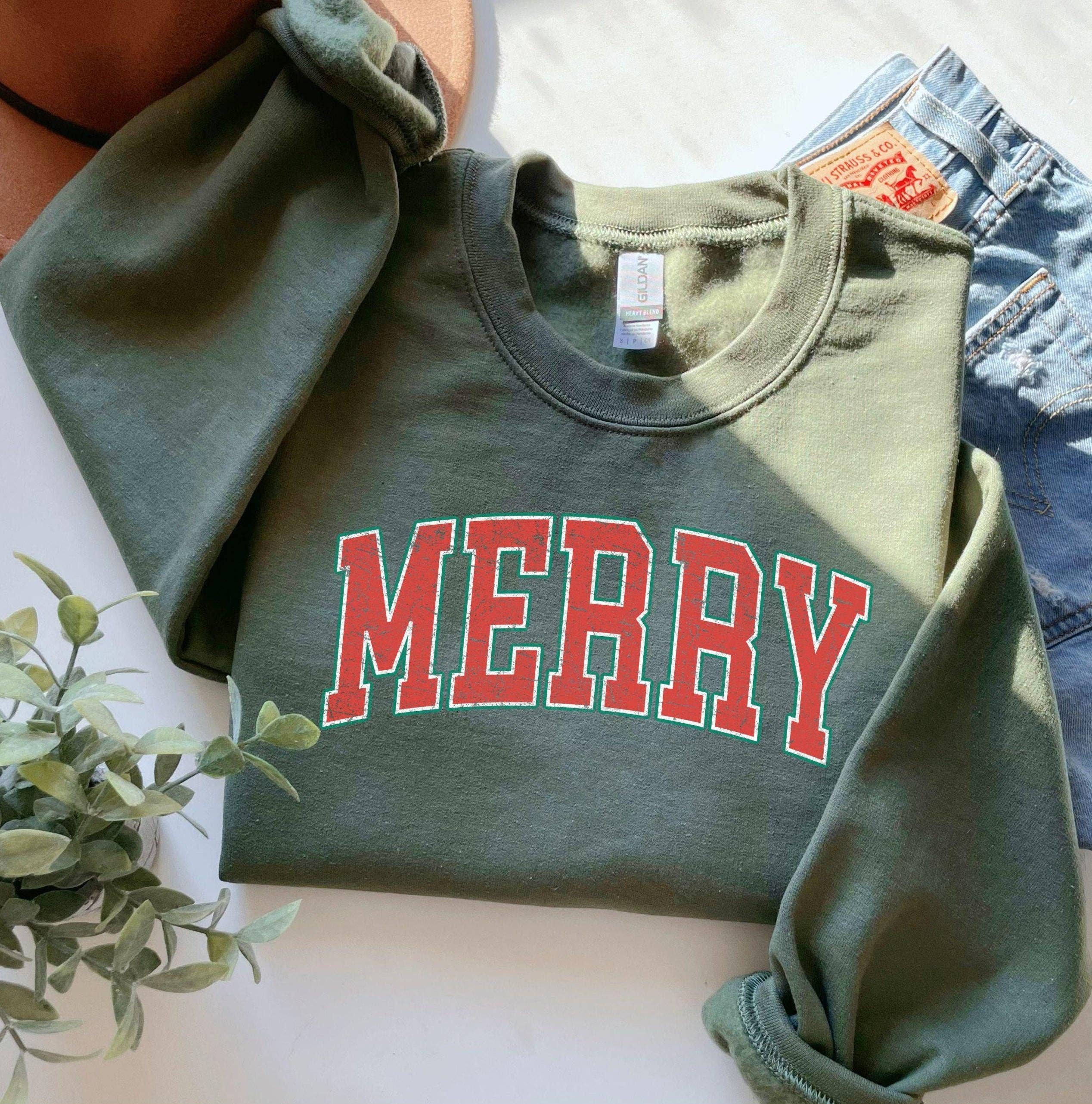 Military Green Distressed Vintage Merry Oversized Christmas Sweater for wholesale on Faire3