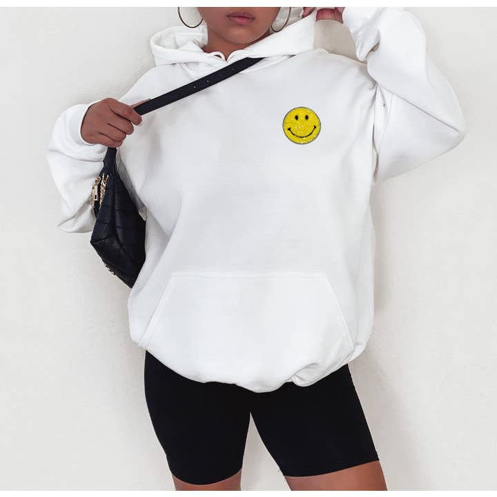 Shamaim - Wholesale Hoodie - Women's - HAPPY FACE SEQUIN Patch Graphic Unisex Fleece Hooded Sweatsh7