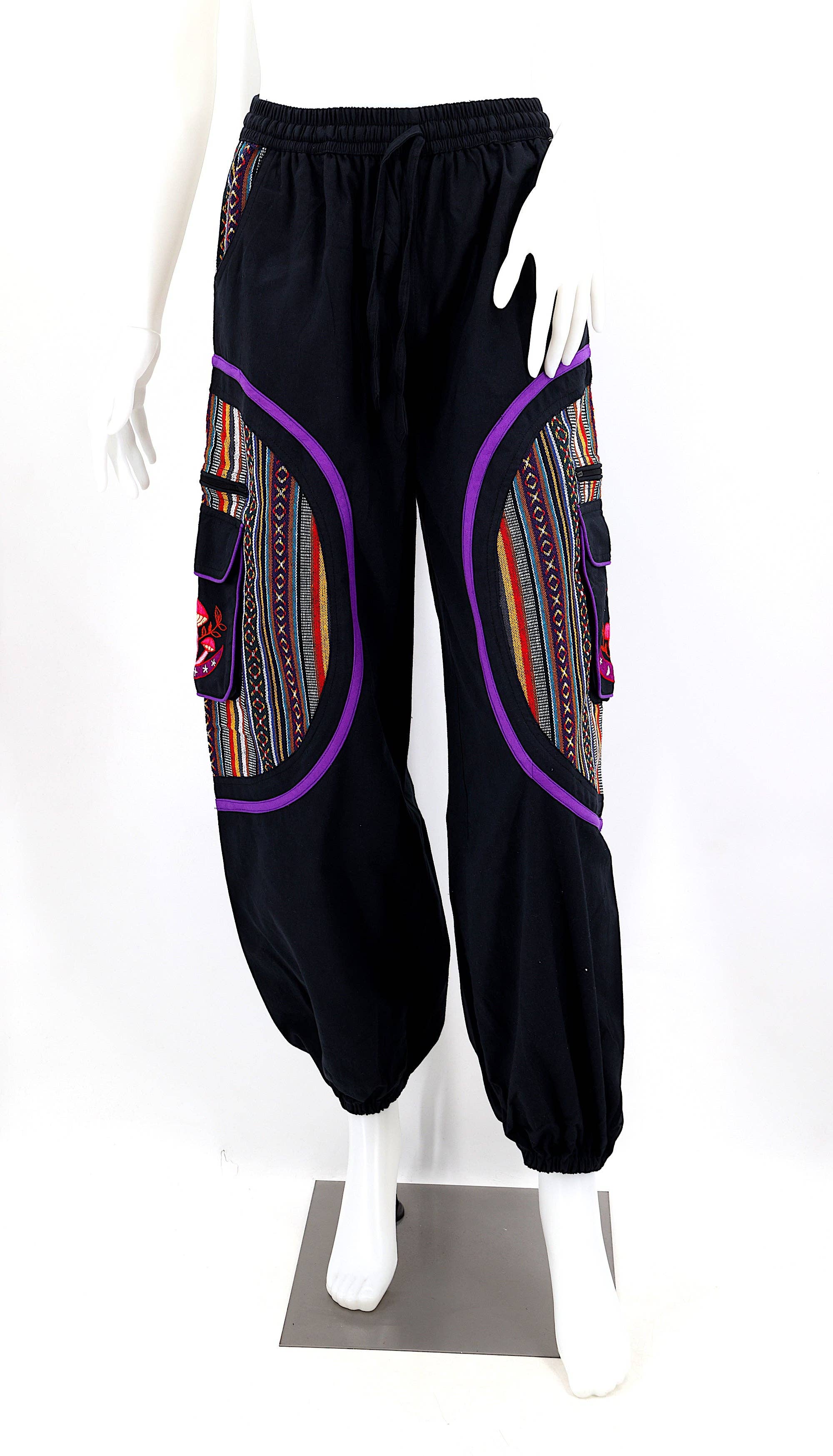 Himalaya Handmade - Venta al por mayor Pantalones - Mujer - Pantalones bohemios hechos a mano de algodón con bordado de luna y hongos estilo harem3