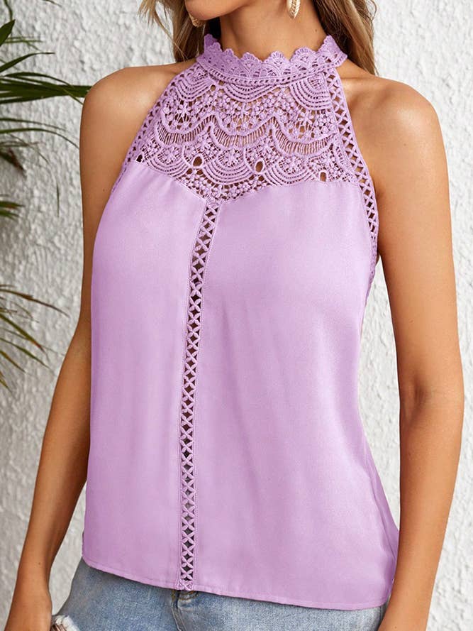 Plain Hollow-out Sleeveless Lace Vest Tank Top for wholesale by Comely Fashion