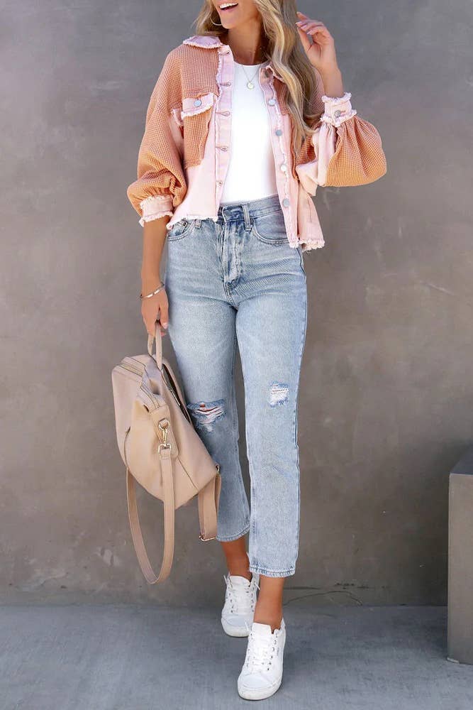 UNISHE - Venta al por mayor Sobrecamisa - Mujer - Chaqueta corta con botones de punto gofre liso ZK7226