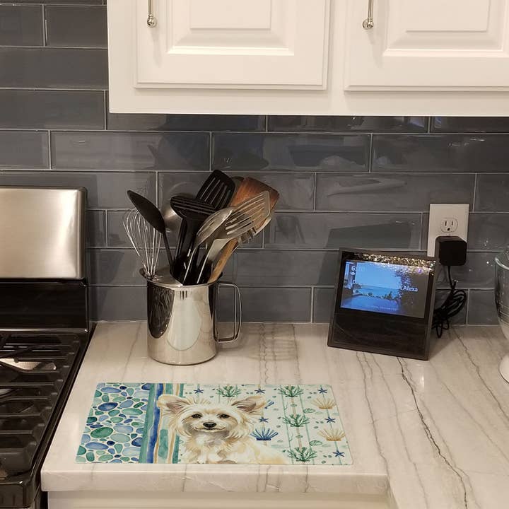 Puderquaste Chinesischer Schopfhund Küstenglas-Schneidebrett für den Großhandel von Caroline's Treasures