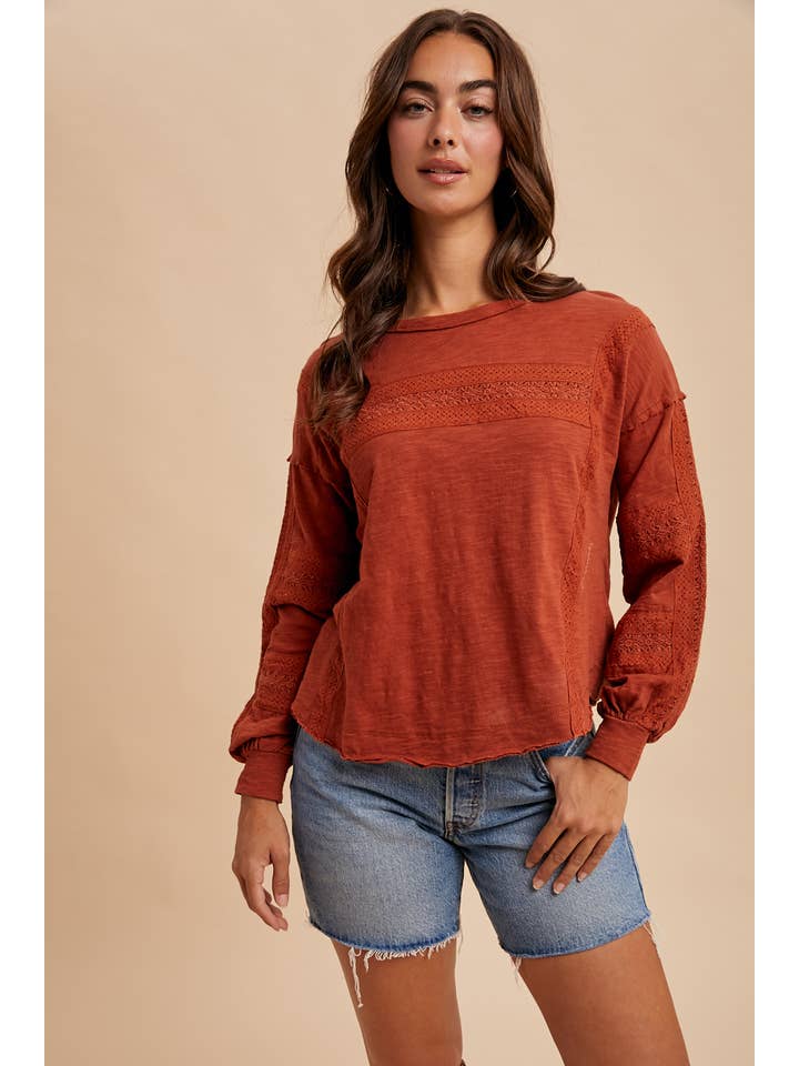 In Loom - Wholesale Blouse - Women's - GARMENT WASHED LACE INSET LONG SLEEVE TOP10