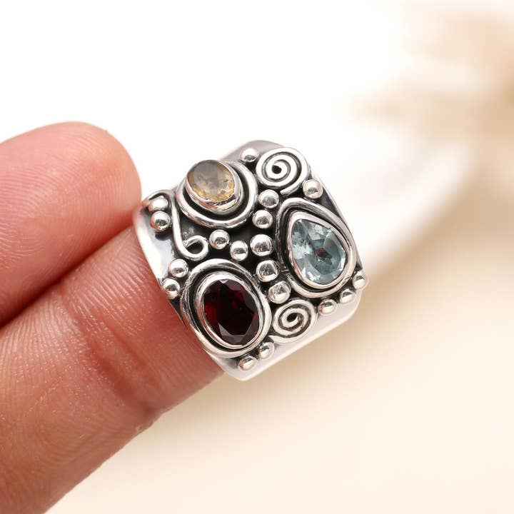 AG 925 JEWELLERY - Wholesale Cocktail/Statement Ring - 925 Silver Multi-Stone Wide Band Ring1