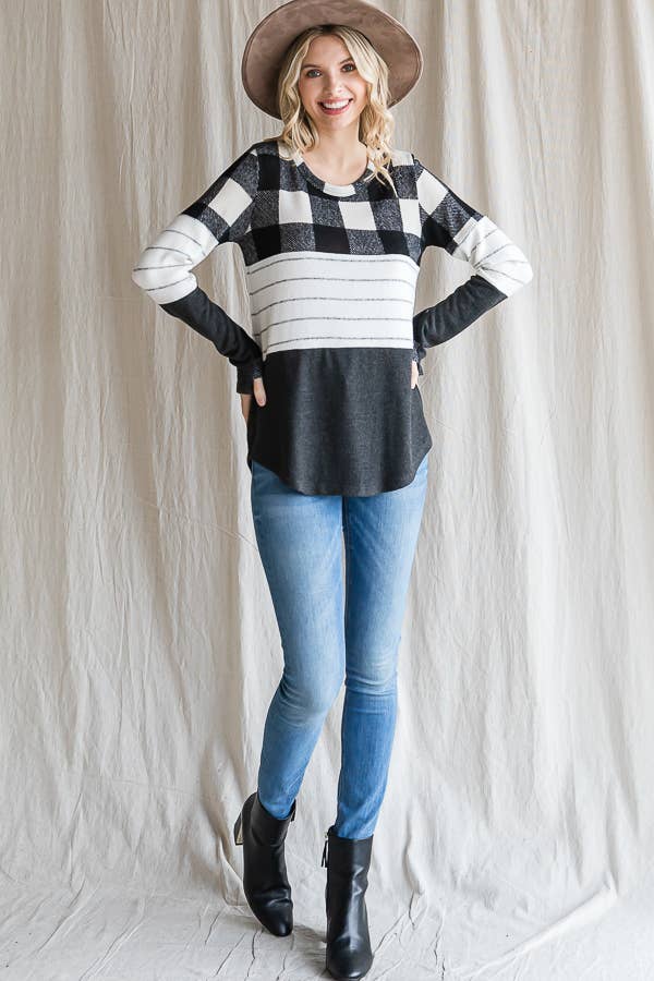 7th Ray - Wholesale Knit Top - Women's - Cozy Color Block Plaid Striped Thumbhole Pullover TopT4423-18