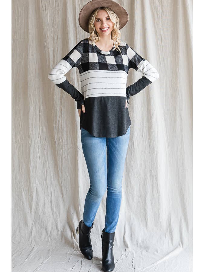 7th Ray - Wholesale Knit Top - Women's - Cozy Color Block Plaid Striped Thumbhole Pullover TopT4423-18