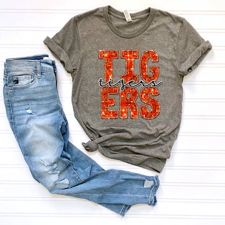 Tigers Orange Sequined Faux Embroidery Mascot DTF Transfer for wholesale by K and M Designs