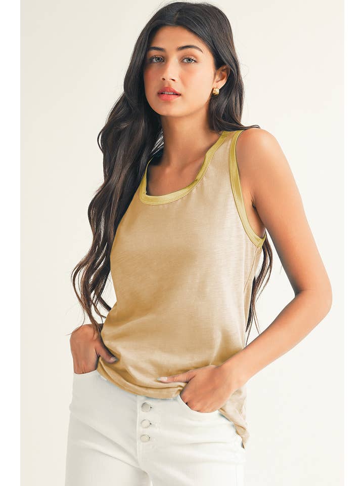 Little Daisy Closet - Wholesale Tank Top - Women's - LDC Tan Contrast Trim Round Neck Tank Top