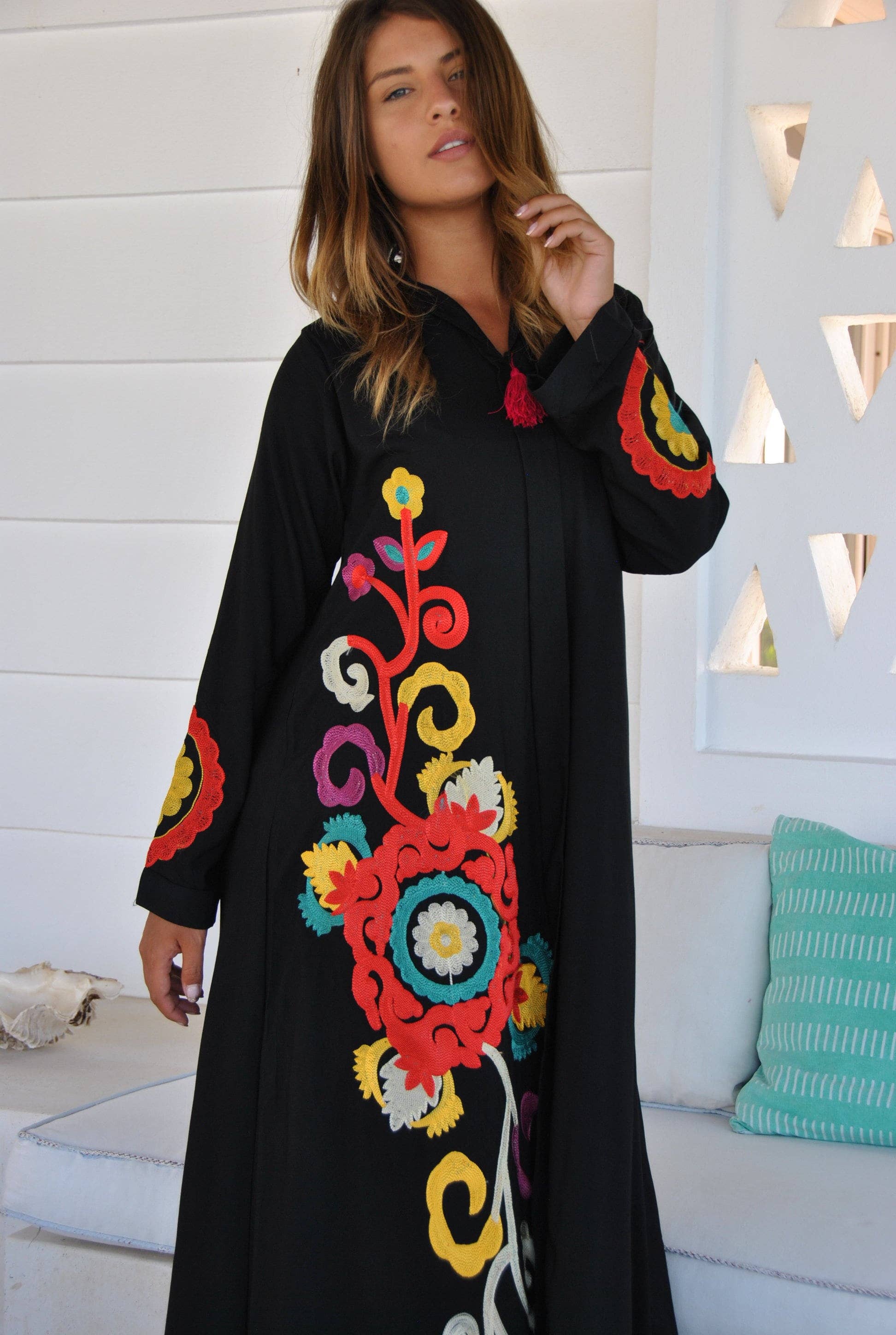 Gipci - Wholesale Kaftan - Women's - Black Flower Embroidered Caftan with Tassels5
