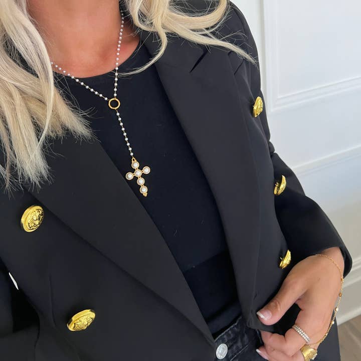 CHANSUTTPEARLS - Wholesale Link & Chain Necklace - LARIAT PEARL CROSS NECKLACE
