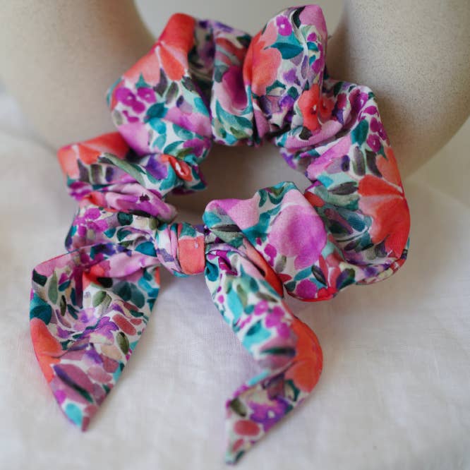 Capucine Orange Pink and Purple Bow Scrunchie for wholesale by Bohomane