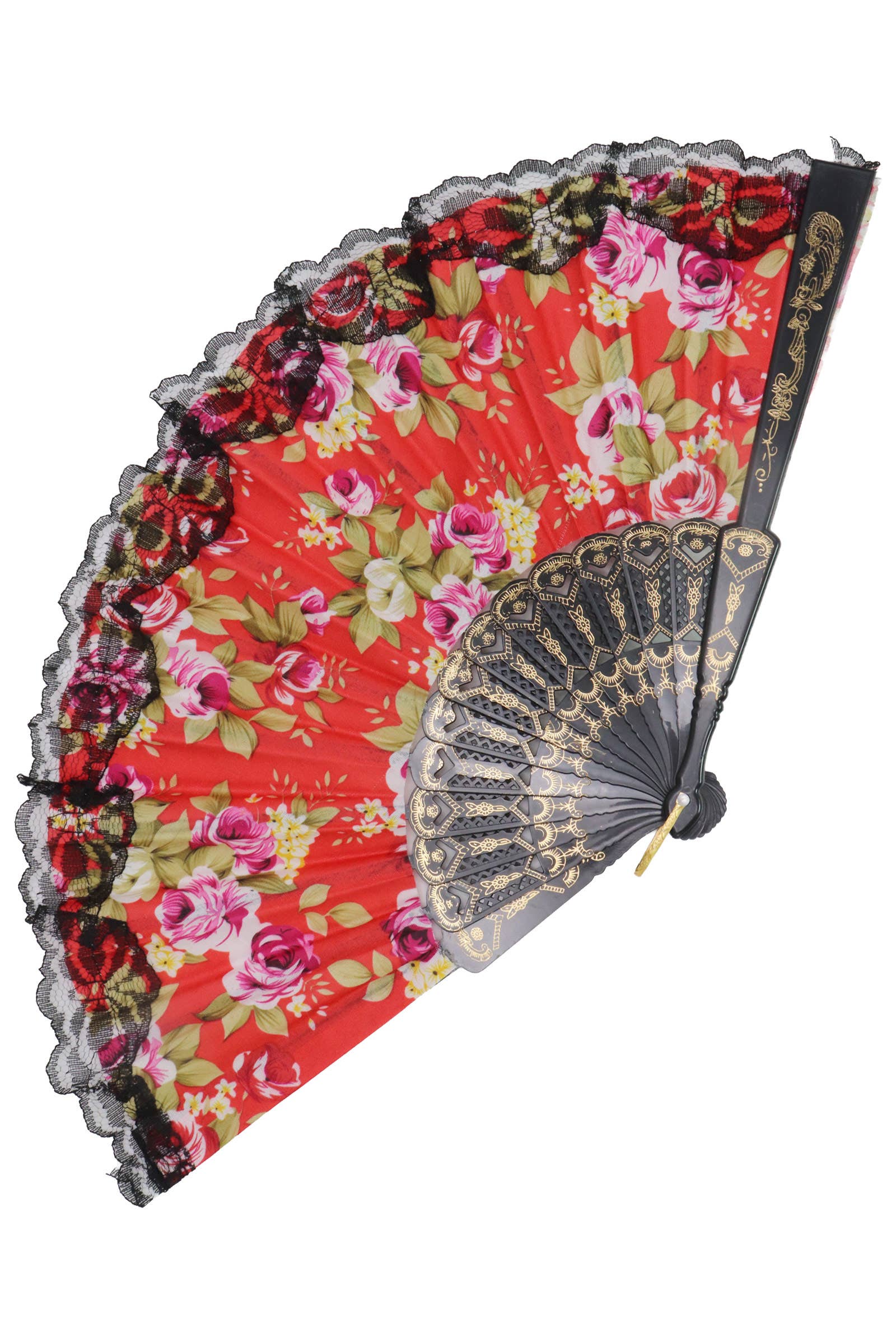 Assorted Rose Black Lace Trim Hand-held Folding Fan for wholesale on Faire7