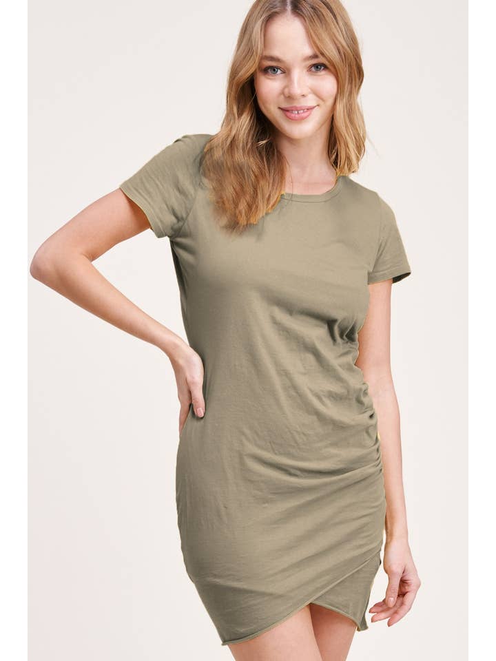 La Miel - Wholesale Dress - Women's - MAD5015-Lightweight Ruched Detail Short Sleeve Mini Dress