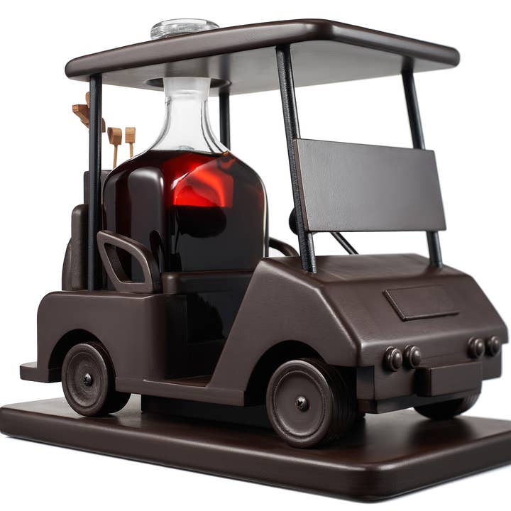 The Wine Savant / Khen Glassware - Wholesale Decanter - Golf Decanter Whiskey Decanter - Brown Wooden Golf Cart
