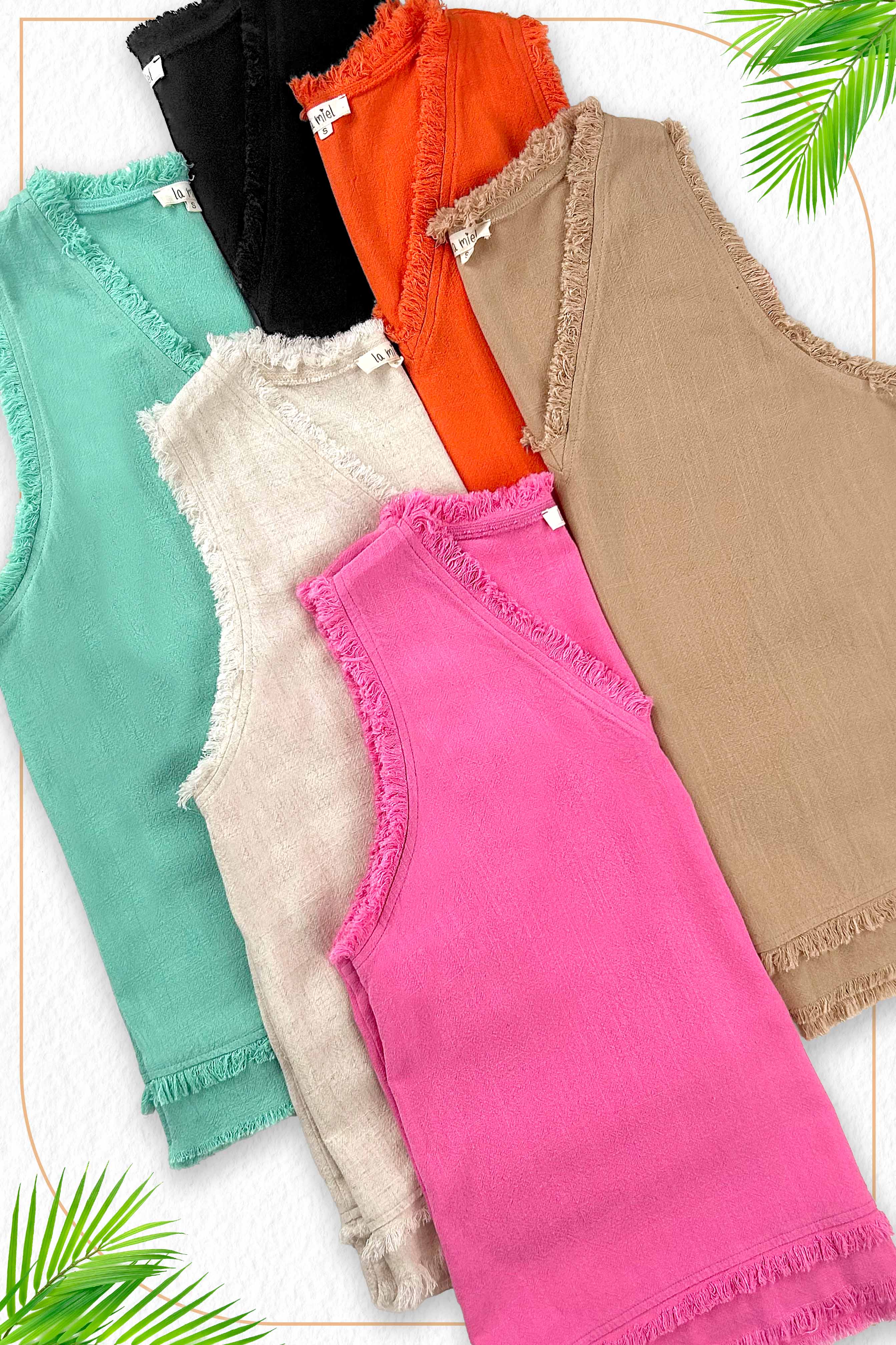 La Miel – wholesale Tank top – Women′s – HBT7635-Soft Washed Gauze Cut Edge Sleeveless V-neck Top21