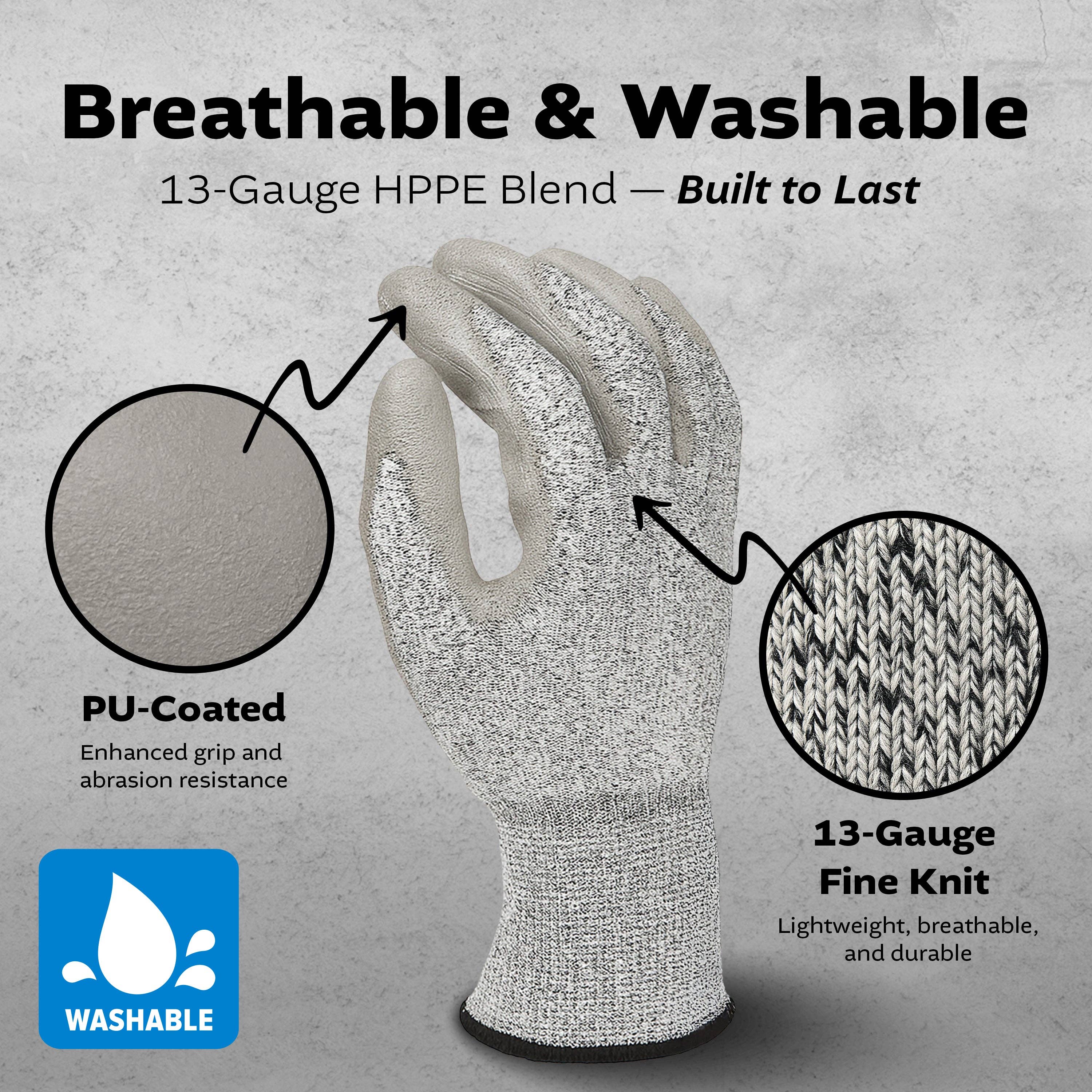 Kproduct4u - Wholesale Gloves - Unisex - Black Melange HPPE Blended Glove - Grey PU Palm coated (4 Sizes), 5ea5