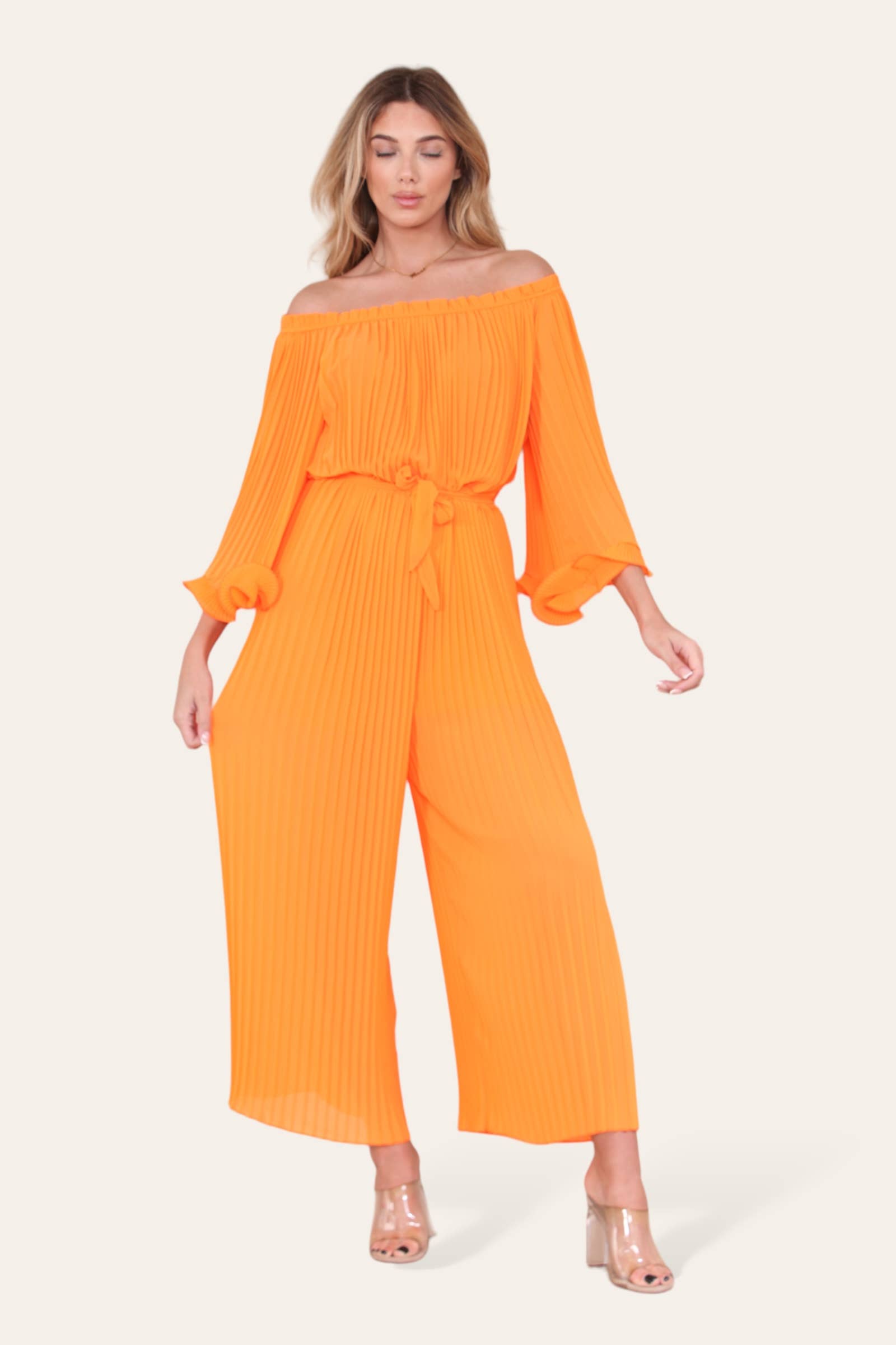 WHITE Sofia Bardot Pleated Frill Jumpsuit for wholesale on Faire32