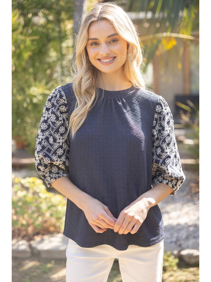 VOY - Wholesale Blouse - Women's - 35237 Floral Embroidered Sleeve Textured Knit Top