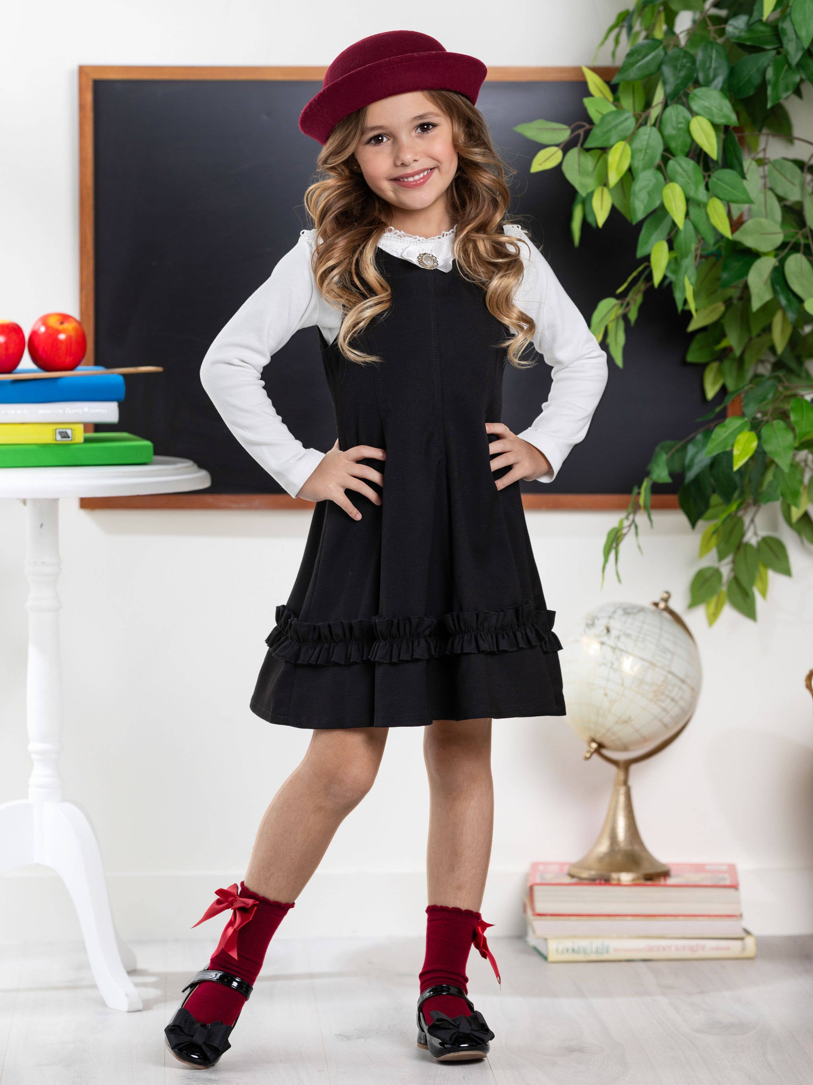 Black  Classic Elegance Ruffle Jumper Dress By Kids Couture for wholesale on Faire3