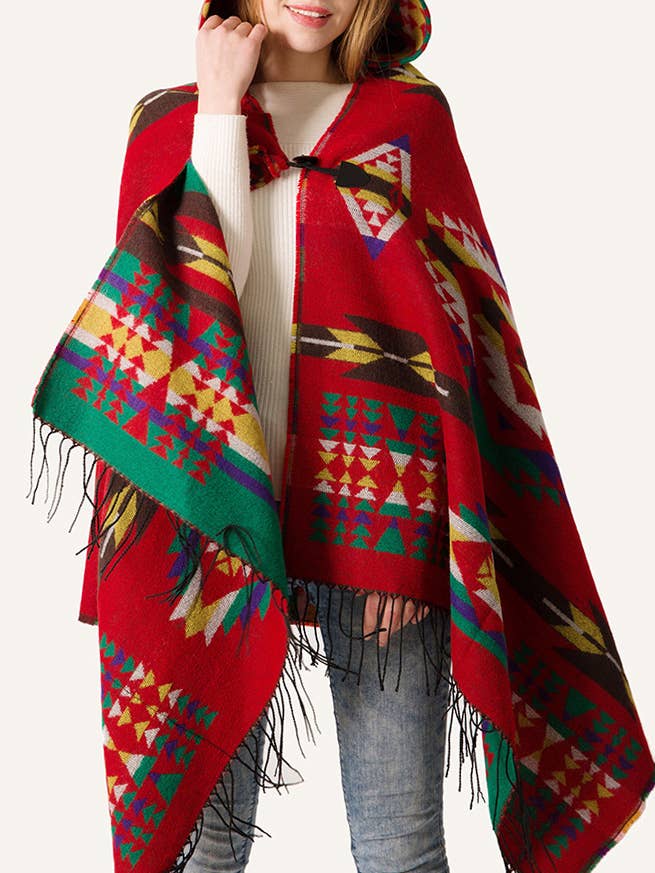 Boho aztec hooded poncho with toggle closure for wholesale by HIDDENBRAND