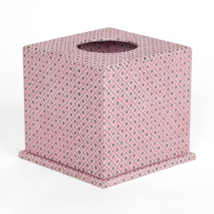 BLOCK PRINTED TISSUE BOX - DOT & GRID PINK GREEN for wholesale by Craft Boat