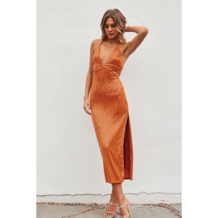 Maksikjole med udskæring, halterneck og metaliske prikker for engroshandel hos Dress Forum