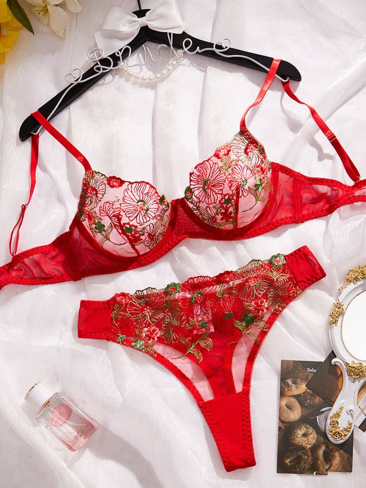 Ladies Floral Embroidery See Through 2PCS Lingerie Set SKLG4032 for wholesale by Sweetkama