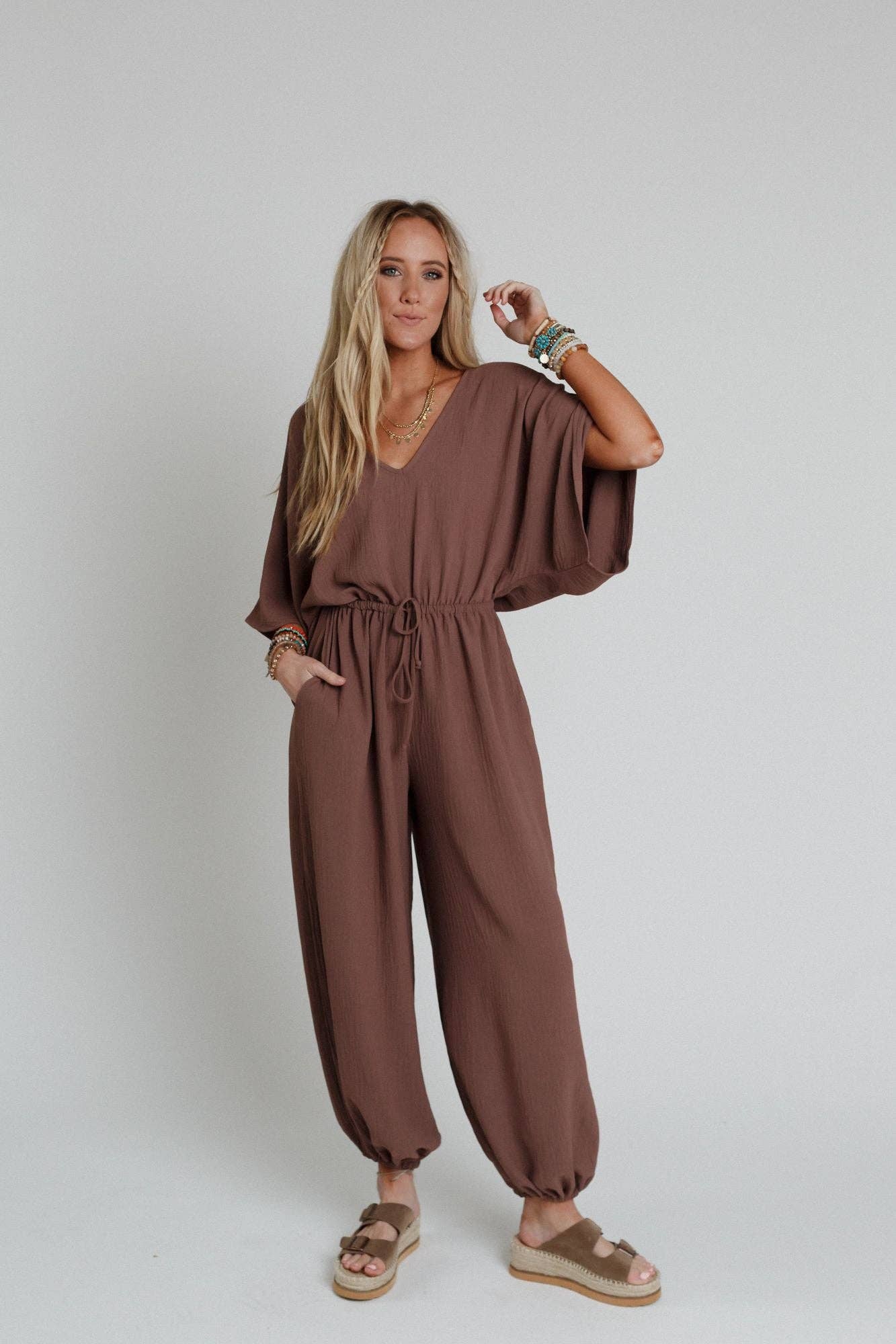 Three Bird Nest - Wholesale Jumpsuit - Women's - New Love Relaxed Drawstring Jumpsuit - Mocha6