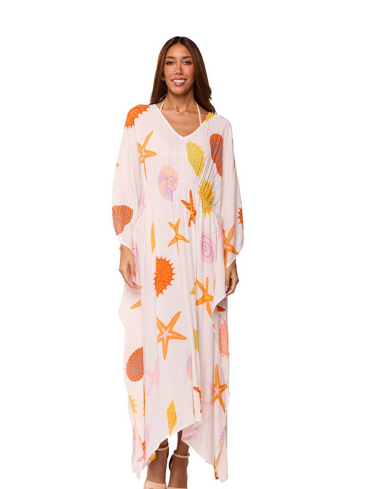 CORAL PRINTED LONG KAFTAN for wholesale by Ranee's