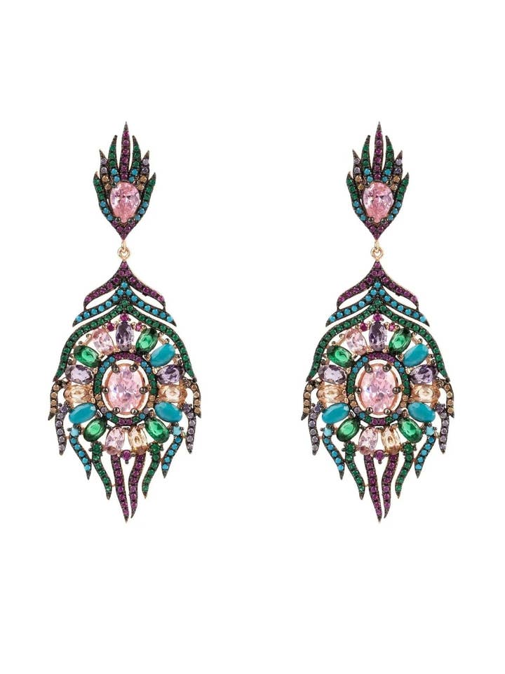 Peacock Colourful Feather Gemstone Earrings Rose Gold for wholesale by Latelita