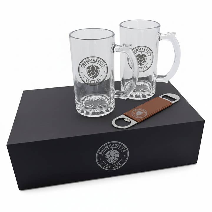 9th Letter Press - Wholesale Beer glass/mug - Custom Engraved Beer Gift Set with Mugs & Bottle Opener
