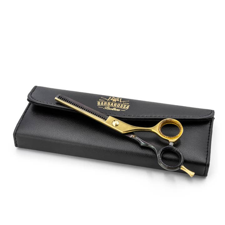 Japanese Steel 6" Thinning Scissors - Matt Black & 24k Gold for wholesale by Barbarossa Brothers Online