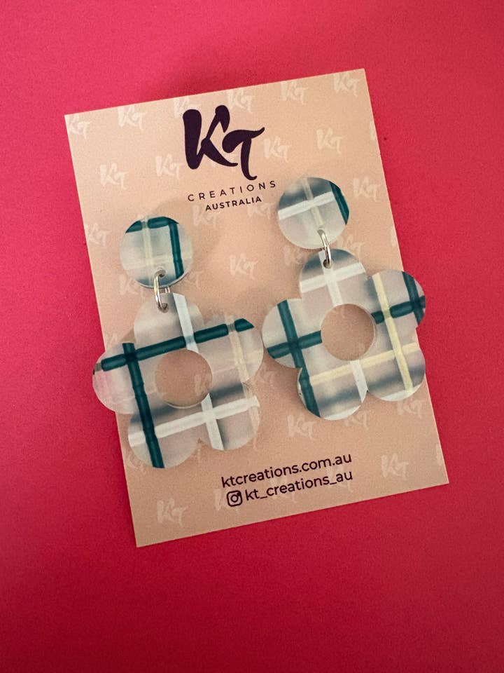 Teal plaid Flower dangle Acrylic Earrings for wholesale by KT Creations Australia