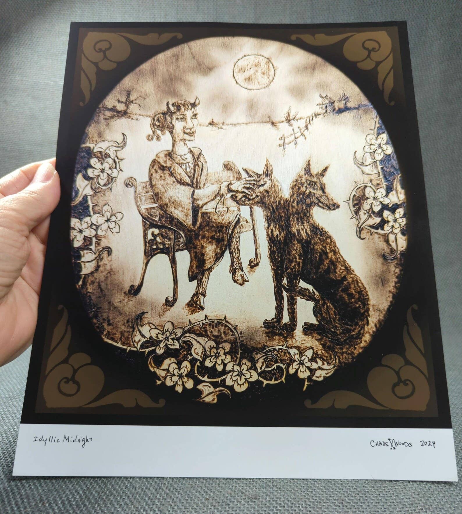 Chaos Woods - Wholesale Art Print - Full moon, faun & two-headed dog fantasy print5