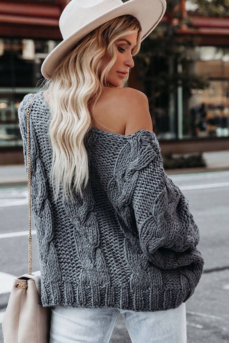 Lily Clothing - Wholesale Knit Sweater - Women's - WOMEN OFF SHOULDER OVERSIZED CABLE KNIT SWEATER_CWOSWL03124