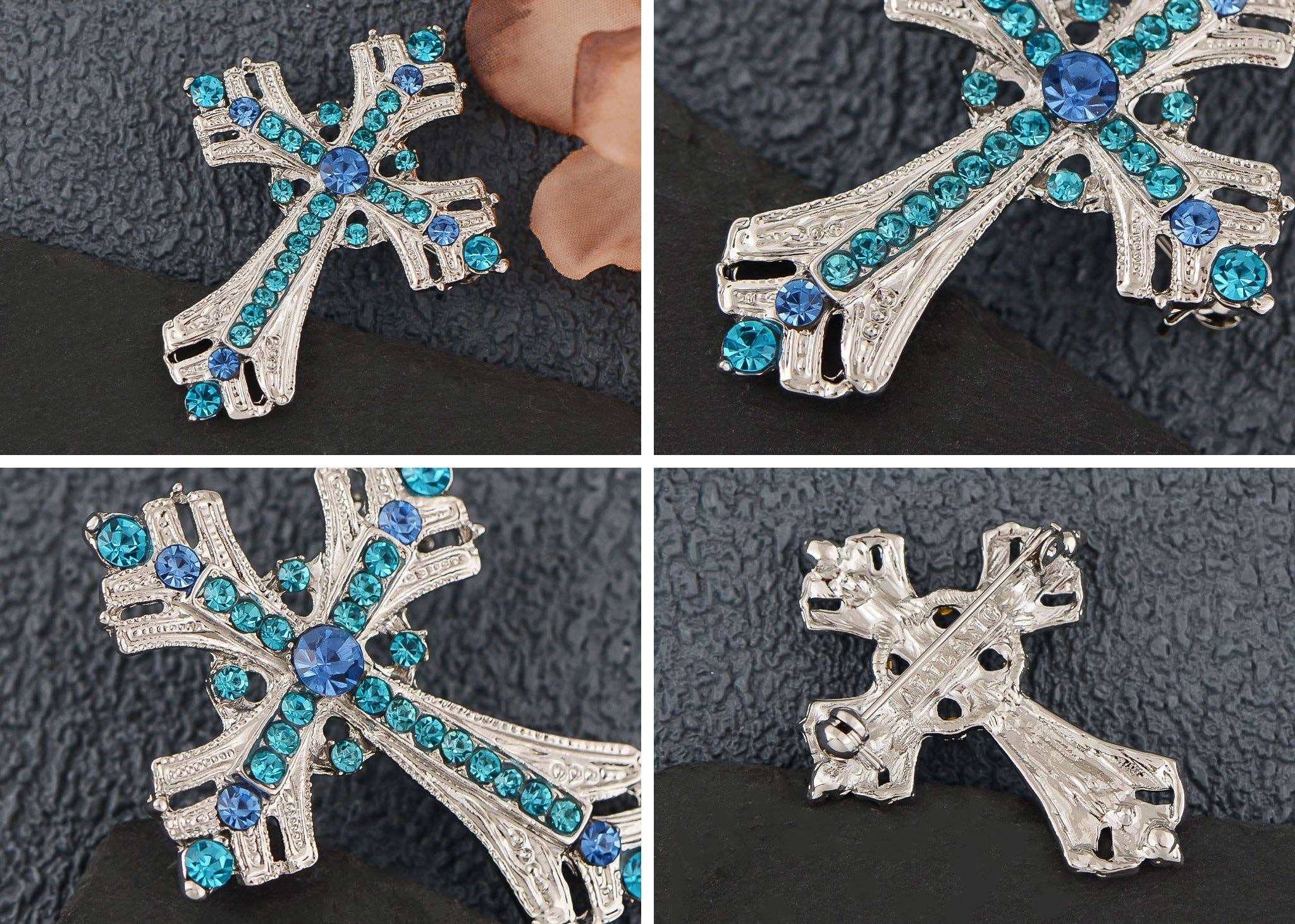 AK Brand - Vendita all'ingrosso Spille - Spilla a forma di croce religiosa argentata con strass2