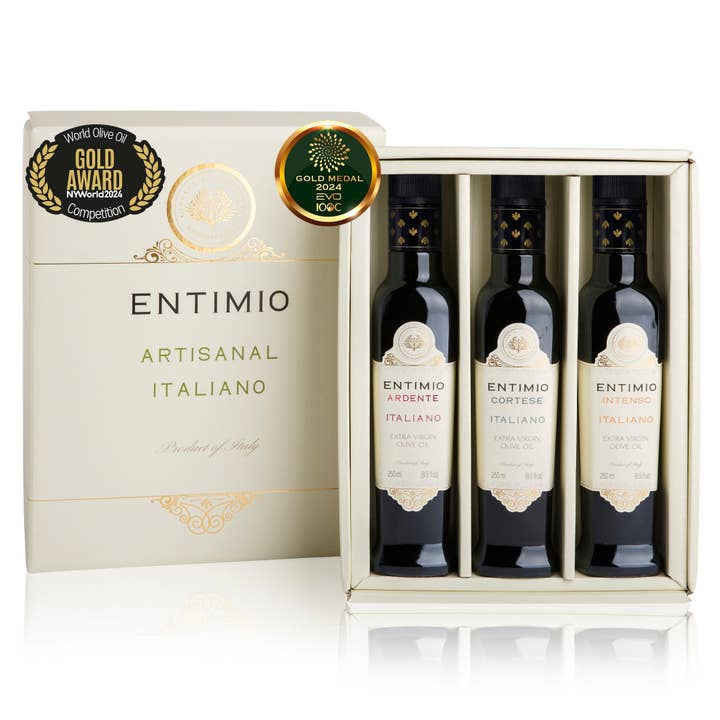 Entimio Collection Gift-Box | 2024-25 Harvest Organic Extra Virgin Olive Oil Set, Early Harvest from Italy | 25.5 (3 x 8.5) fl oz for wholesale by Entimio